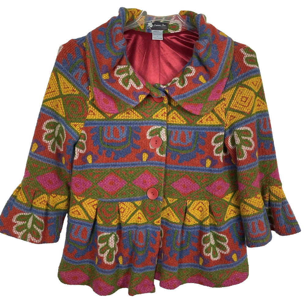 Damee Inc Swing Jacket Size L Colorful Textured Knit Bell Sleeve Boho Festival